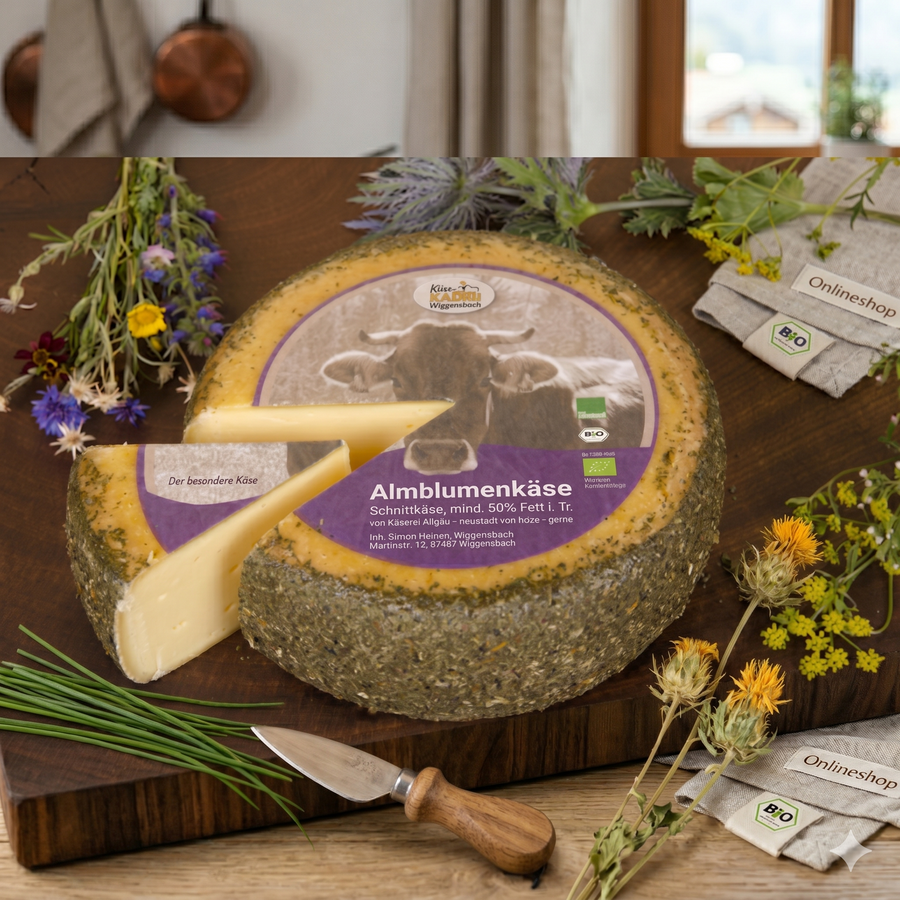 Almblumenkäse Bio-Schnittkäse aus Allgäuer Bio-Heumilch mit Wildkräuter-Rinde