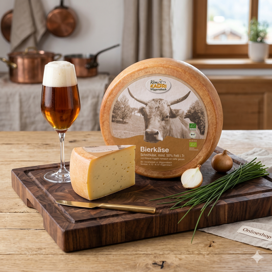 Bierkäse Bio-Schnittkäse aus Allgäuer Bio-Heumilch mit Schnittlauch und Zwiebeln