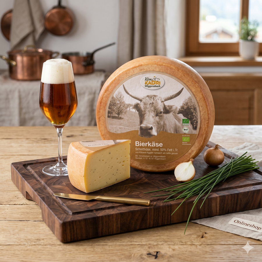 Bierkäse Bio-Schnittkäse aus Allgäuer Bio-Heumilch mit Schnittlauch und Zwiebeln