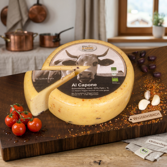 Al Capone Bio-Schnittkäse mediterran aus Allgäuer Bio-Heumilch mit Oliven, Tomaten und Knoblauch